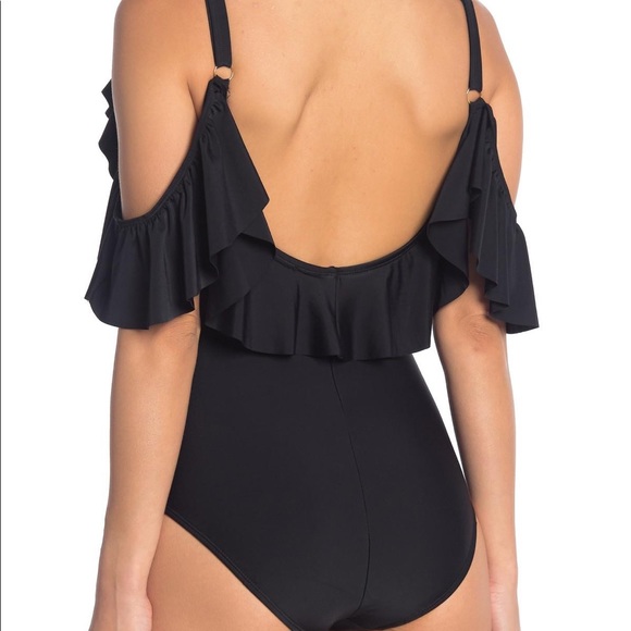 NWT Nicole Miller Black Ruffled Cold Shoulder One-Piece Swimsuit Size S $120 - Picture 3 of 8